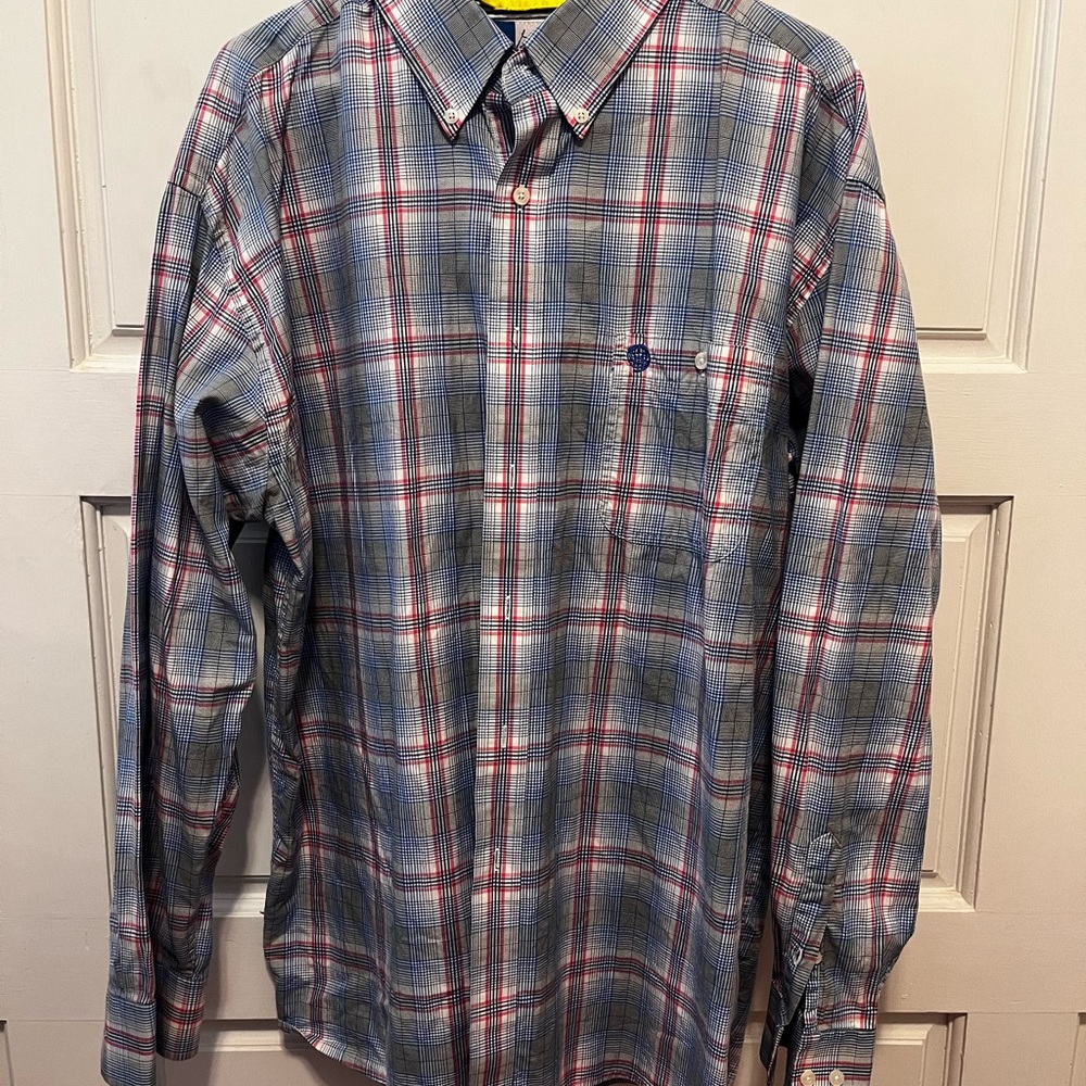 Men's Plaid Button-Down Dress Shirt in Blue and Red